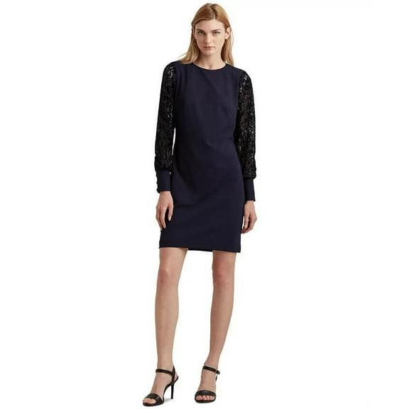 LAUREN Ralph Lauren Jersey Lace-Sleeve Dress Navy Blue Size 14 MSRP $155