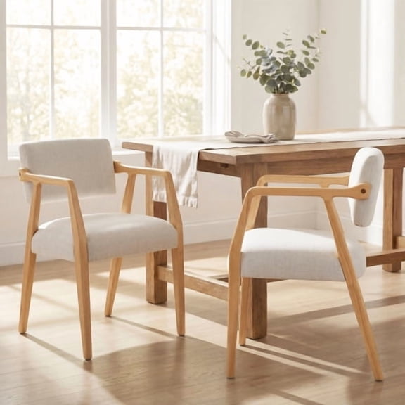 Set of 2 Mid-Century Dining Armchairs with Rubber Wood Frame, Beige Linen-Blend Upholstery, Natural Wood Finish for Dining Room Kitchen