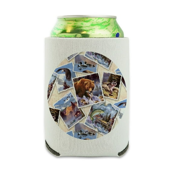 Rockies Mountain Life Fishing Bear Eagle Pattern Can Cooler - Drink Sleeve Hugger Collapsible Insulator - Beverage Insulated Holder