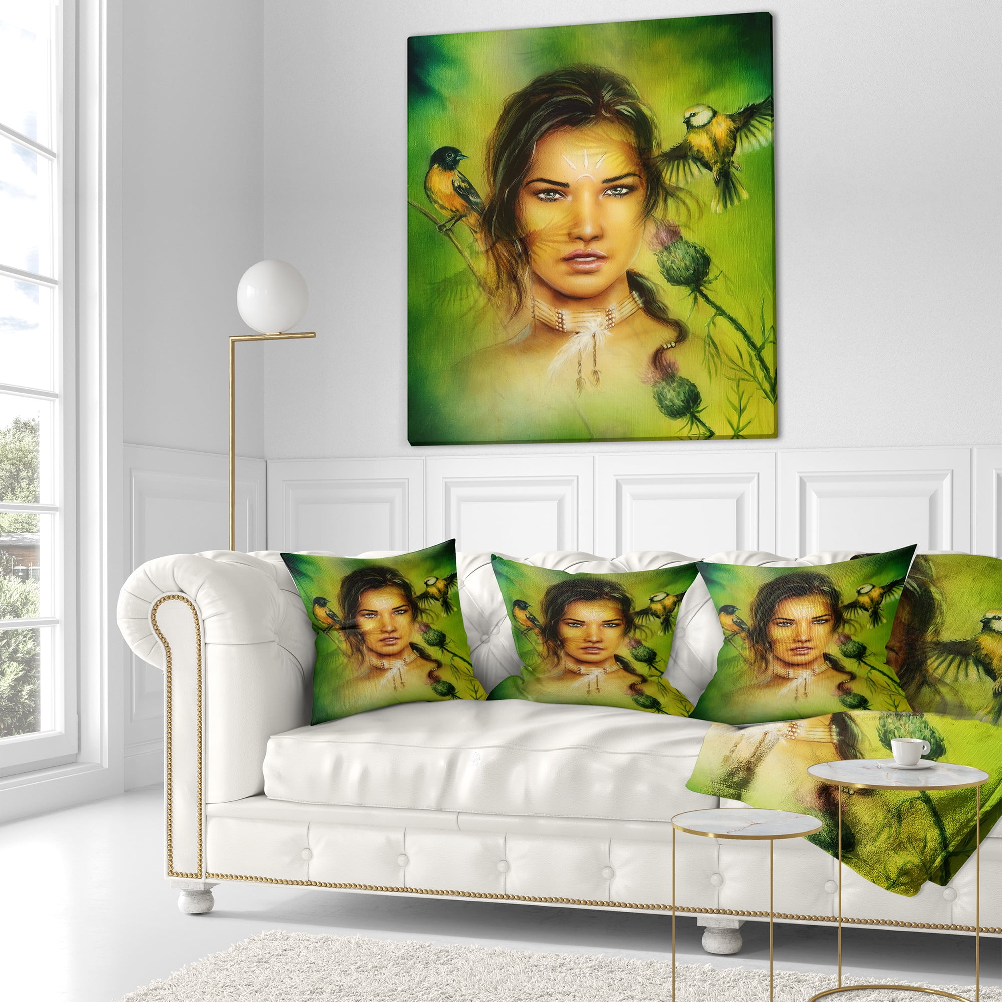 Designart Indian Woman with Birds - Portrait Throw Pillow - 18x18