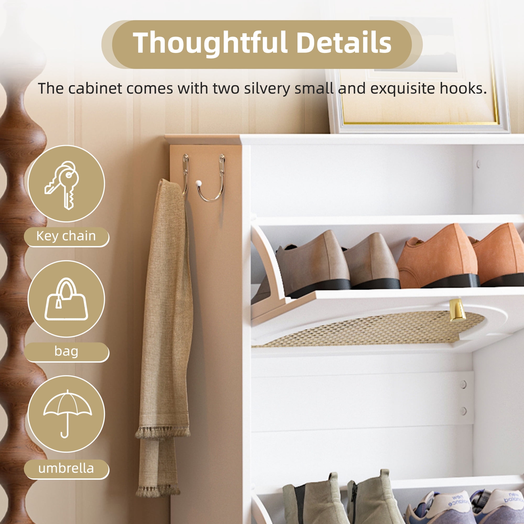 Euroco Mid-Century Rattan Shoe Cabinet with 4 Flip Drawers, Arched Doors, and Side Hooks, Holds up to 12 Pairs of Shoes
