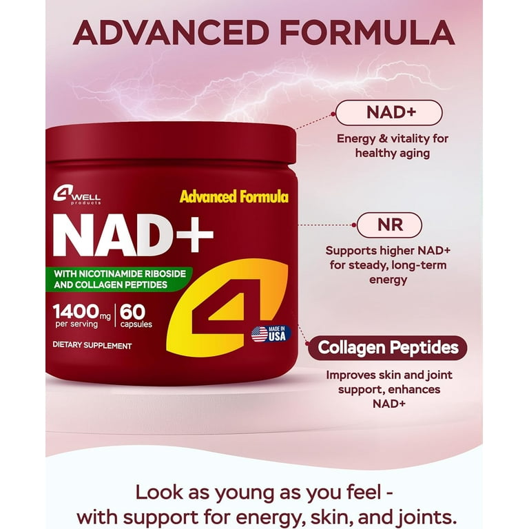 4Well NAD Plus Supplement 1400mg, NAD with Collagen Peptides, Cellular  Energy and Skin Health - Walmart.com