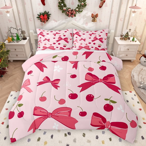 Homewish Girly Pink Ribbon Bedding Comforter Set, Kawaii Princess Cartoon Twin Comforter Sets, Cute Red Cherry Fruit Reversible Bedding Set, Microfiber Bedroom Decor, 2-Piece