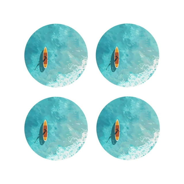 Vsdgher Tranquil Ocean Canoe Journey Print Leather Coasters for Drinks, Durable Drink Coasters 4 Set for Tabletop Protection, Luxurious Home Décor and Housewarming Gift-Round Shape