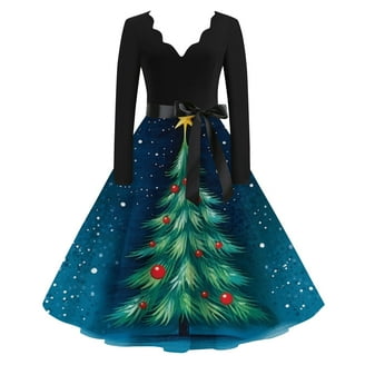 Christmas Dresses for Women Plus Size Glitter Xmas Tree Print Dresses  Christmas Tea Party Dress V Neck Long Sleeve Vintage Dresses Holiday  Snowflake Hepburn Swing Dress - Walmart.com