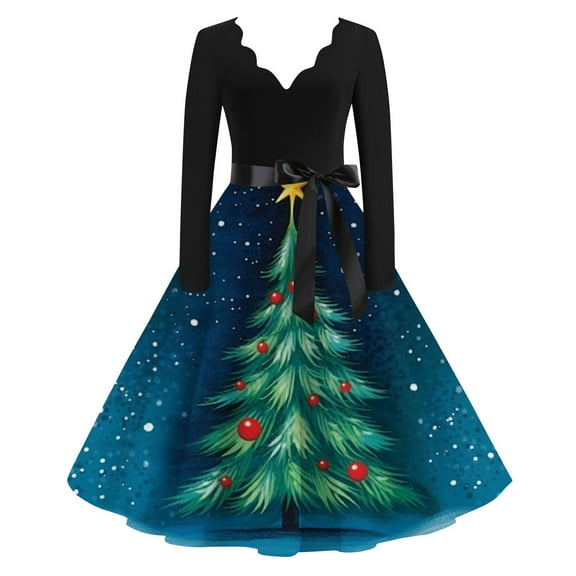 Christmas Dresses for Women Glitter Xmas Tree Print Dress Long Sleeve Snowflake Cocktail Swing Dress Plus Size V Neck 50s Vintage Dresses Christmas Party Costumes