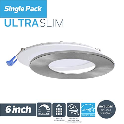 Nadair, 6’’ LED Recessed Ultra Slim Lights, 4000K (cool white), 1-Pack, IC Rated, Dimmable, 15W=90W, 1125 Lumens, Quick Connect System, White Finish / Brushed nickel trim included, Round