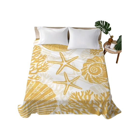 Twin Flat Sheet, Yellow Coastal Starfish Twin Bed Sheets Only, Soft Microfiber Flat Sheet, Summer Coral Shell Nautical Beach Hotel Quality Bedding Top Sheet Bedroom Home Dorm Decor