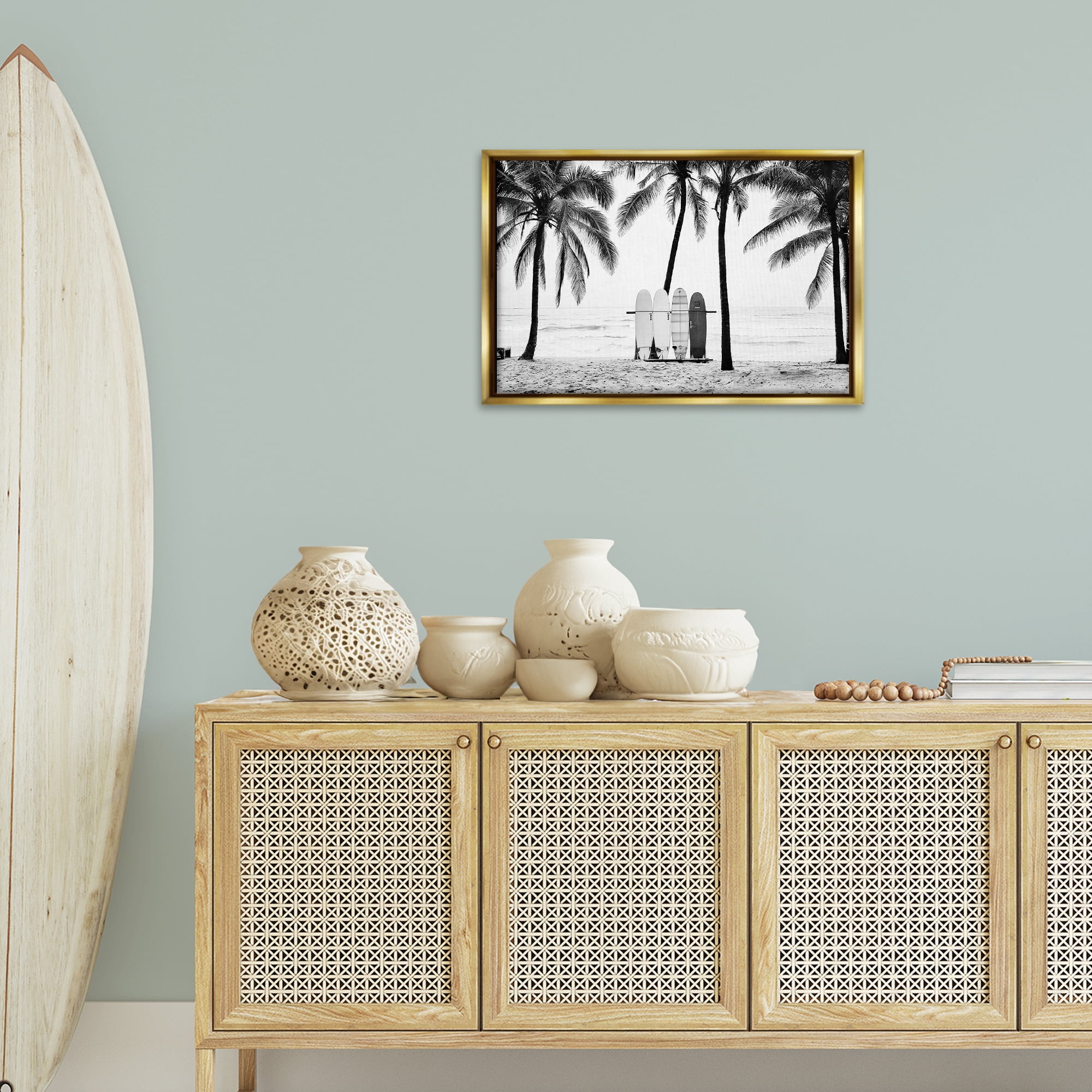 Stupell Industries Centered Surf Boards View Nautical & Beach Photography Gold Floater Framed Canvas Art Print Wall Art, 25 x 17