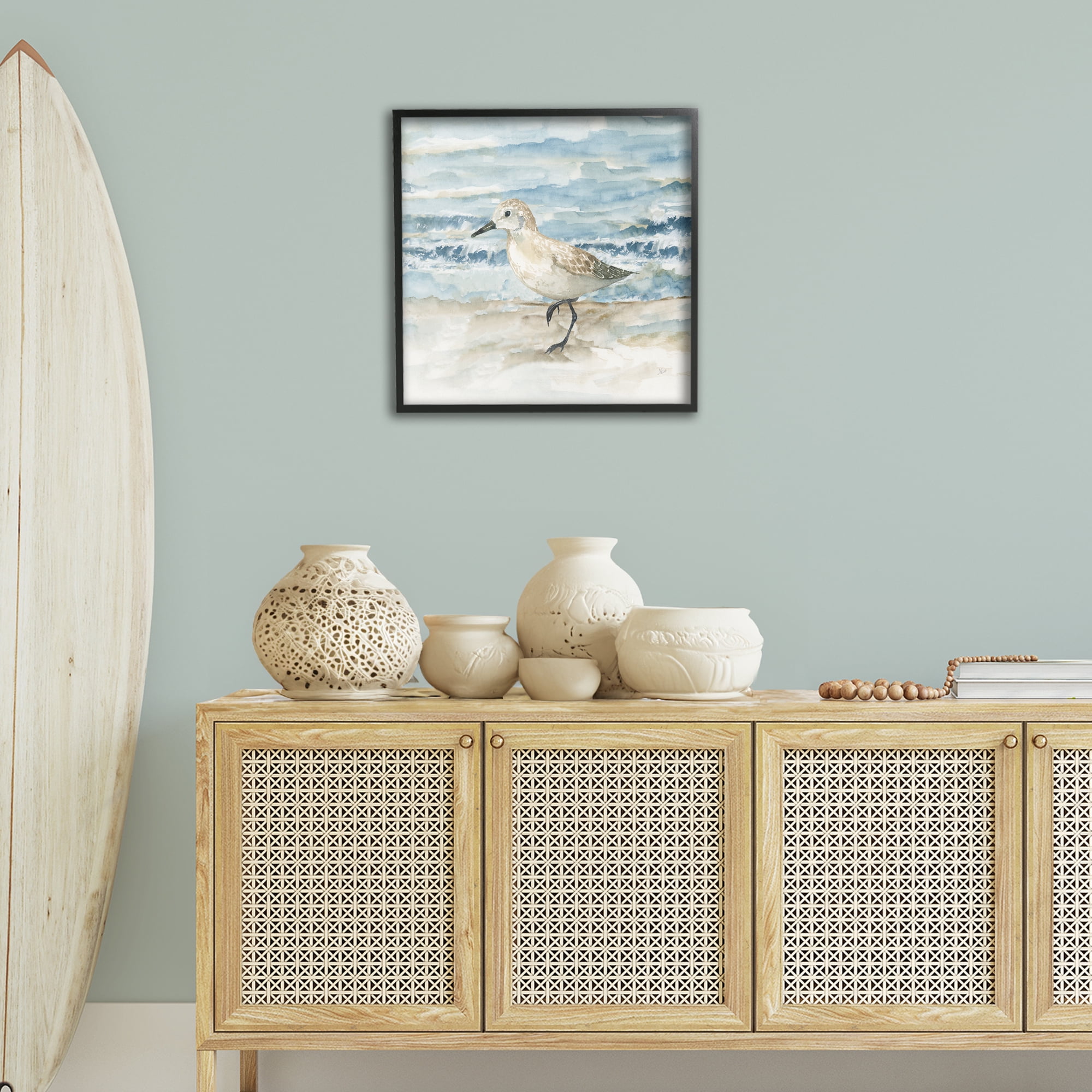 Stupell Industries Balancing Sandpiper on Shore Animals Painting Black Framed Art Print Wall Art, 24 x 24