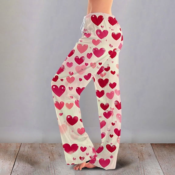 Iaqnaocc Valentine's Day Pajama Pants Women Casual Love Heart Print Pj Bottoms Casual Pajama Pants Fashion Fall Winter Waisted Drawstring Pjs Sleep Bottoms Hot Pink XXXL