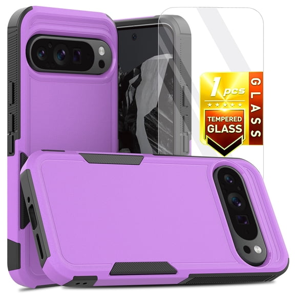 Kryonix for Google Pixel 9 Pro XL 6.8” Phone Case,with Tempered Glass Screen Protector,Dual Layer Shockproof Heavy Duty Military Grade Protective Case Hybrid Rugged Cover,Slim & Tough,Purple
