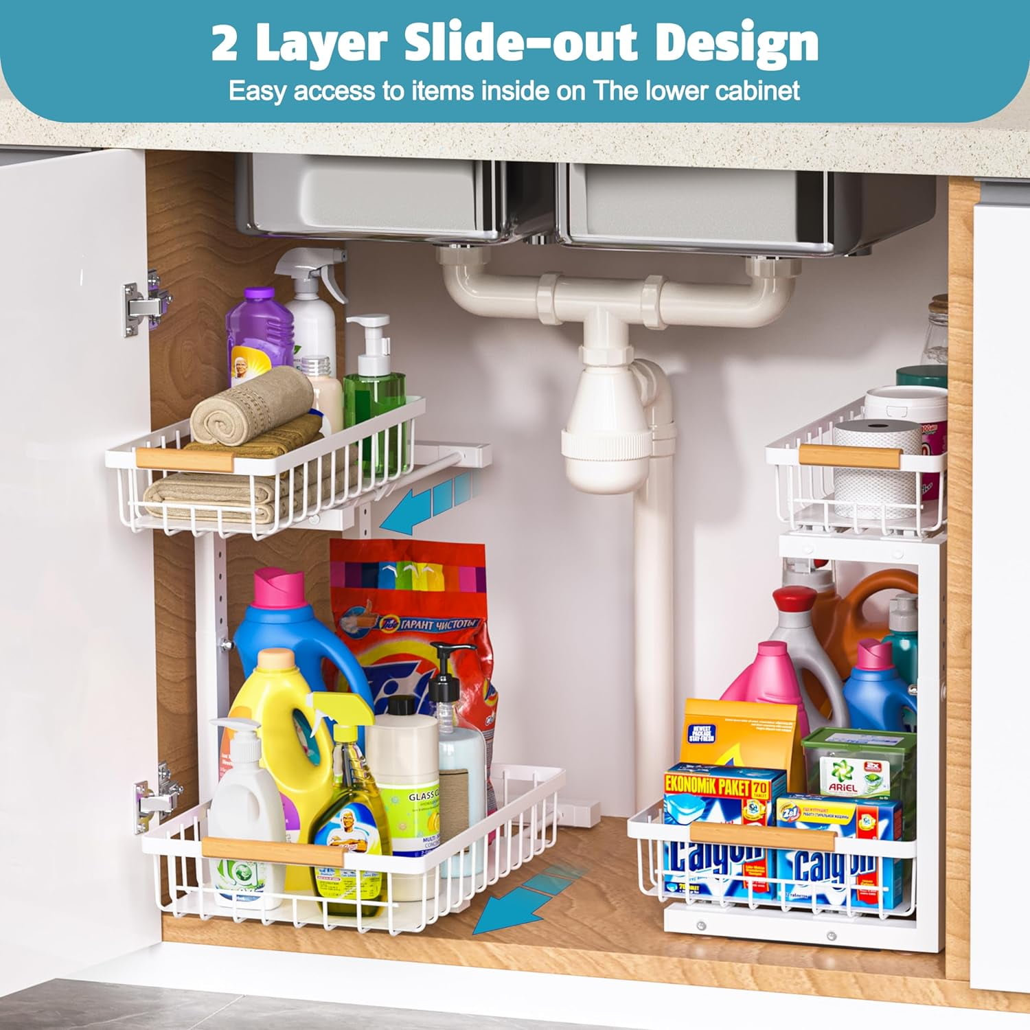 Under Sink Organizer 1 pack, 2 Tier Slide Out Under Sink Organizers And Storage, Height Adjustable Pull Out Cabinet Organizer Drawers, Kitchen Bathroom Metal Sink Storage Shelves