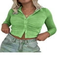 thumbnail image 1 of PENGXIANG Blouse Ajustée pour Femmes Couleur Unie Col Rabattu Manches Longues Crop Tops, 1 of 3