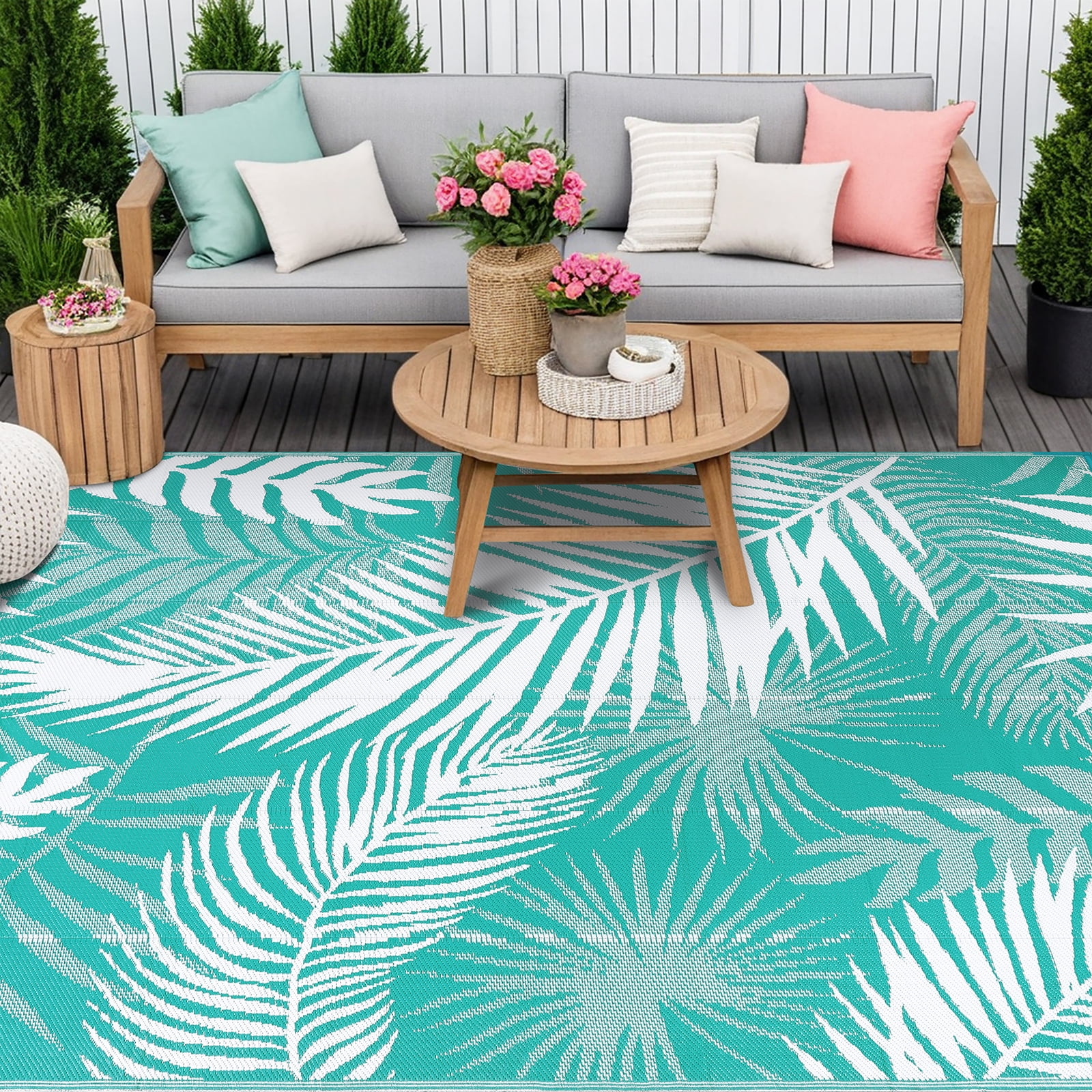 MeyJey Outdoor Rug, 5'x7' Reversible Waterproof Area Rug, Plastic Mat for RV Patio Camping, Teal