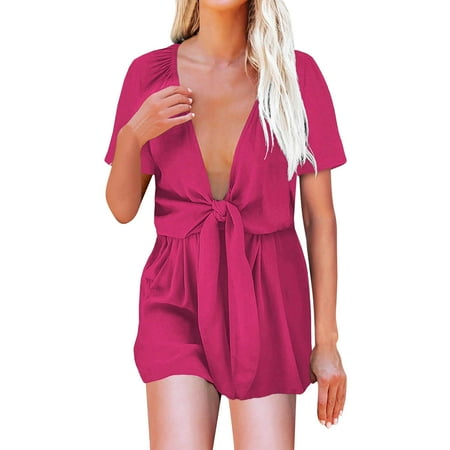 

Fsqjgq Lose Women Deep V Neck Rompers Short Sleeve Jumpsuit Summer Casual Playsuit Dot Bustier Jumpsuits for Women Rompers for Women Polyester Hot Pink L