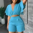 thumbnail image 3 of Two Piece Linen Sets for Women Spring Sets Women 2 Piece Outfits Clothing Set Female V-Neck Short Sleeve Tops Pants Sets Cargo Pant Style S_287 Women's Tracksuits Light Blue S, 3 of 9