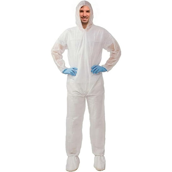 Light Duty Spun-Poly Disposable Single use Coveralls with Hood and Booties, Large, Case of 25