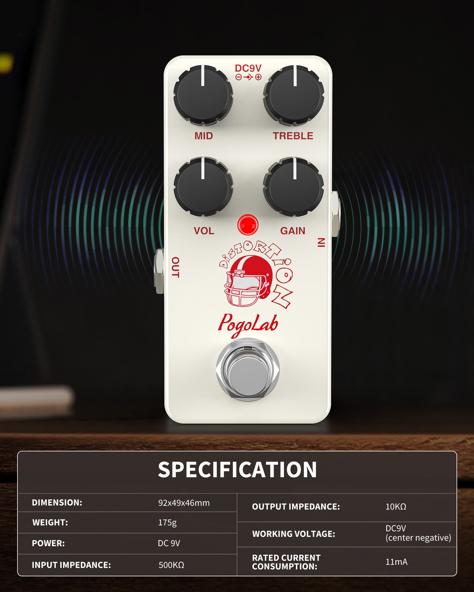 POGOLAB Distortion Guitar Pedal Mini Analog Distortion Pedal Two-Brand EQ Mid and Treble True Bypass DC 9V for Electric Guitar