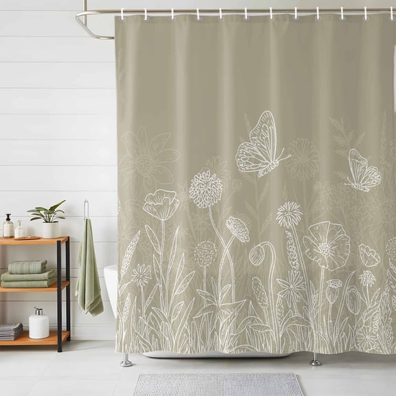 Shower Curtain Spring Plant White Line Art Shower Curtains for Bathroom Decor, Waterproof Polyester Shower Curtain Set with Hooks, Small Stall Size 36" x 72" Flower Butterfly
