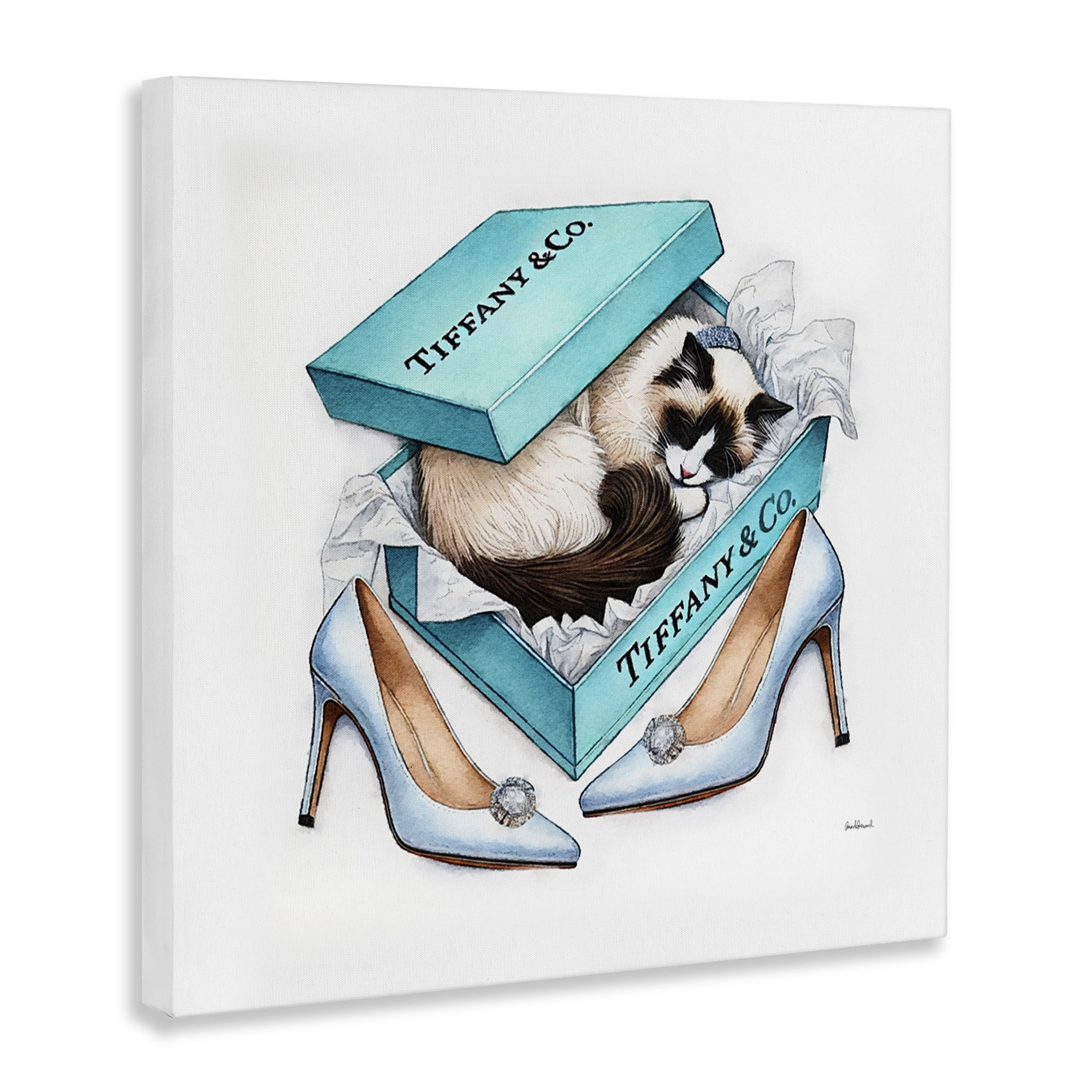 Stupell Industries Blue Shoebox with Kitten Animals Painting Wrapped Canvas Art Print Wall Art, 24 x 24