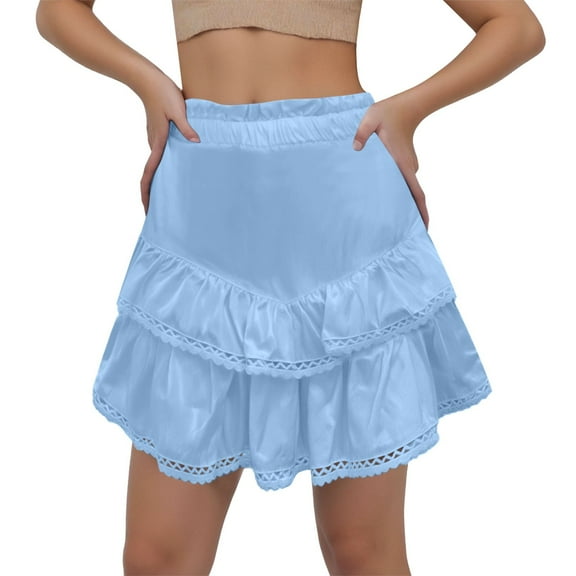 MIXUE Skirts For Women Summer Solid Color High Waist Ruffled Casual Boho Mini Tennis Skirt Outwear,Blue,S