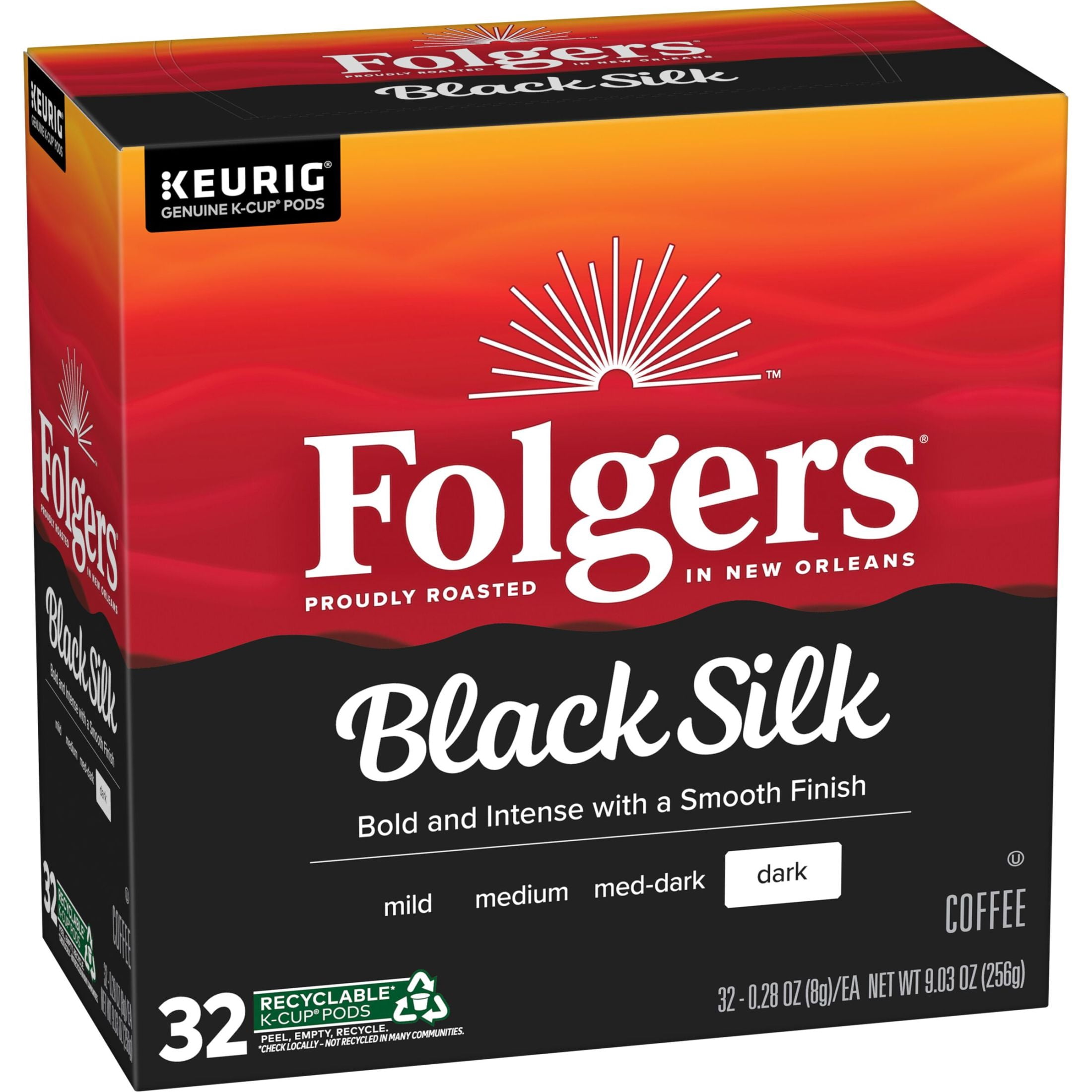 Folgers Black Silk Dark Roast Coffee, Keurig K Cup Pods, 32 Count Box