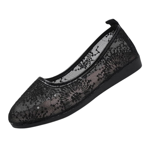Gpaecead Women's Floral Embroidery Lace Mesh Ballet Flats Breathable Slip On Lightweight Comfort Shoes With Non Slip Sole For Casual Black