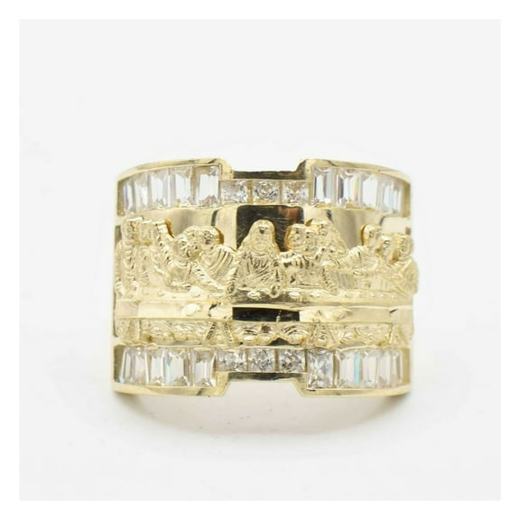 Diamond-Cut CZ Textured Last Supper Ring Unisex Adult 10K Yellow Gold, 7.72 Gr – Goldum NYC