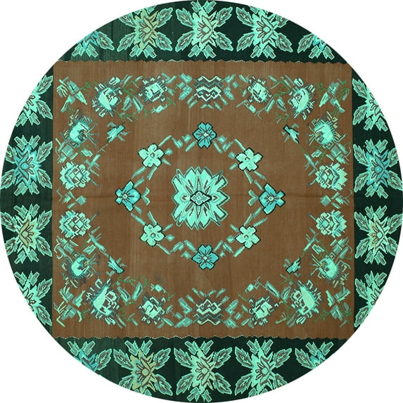 Ahgly Company Machine Washable Indoor Round Persian Turquoise Blue Traditional Area Rugs, 3' Round