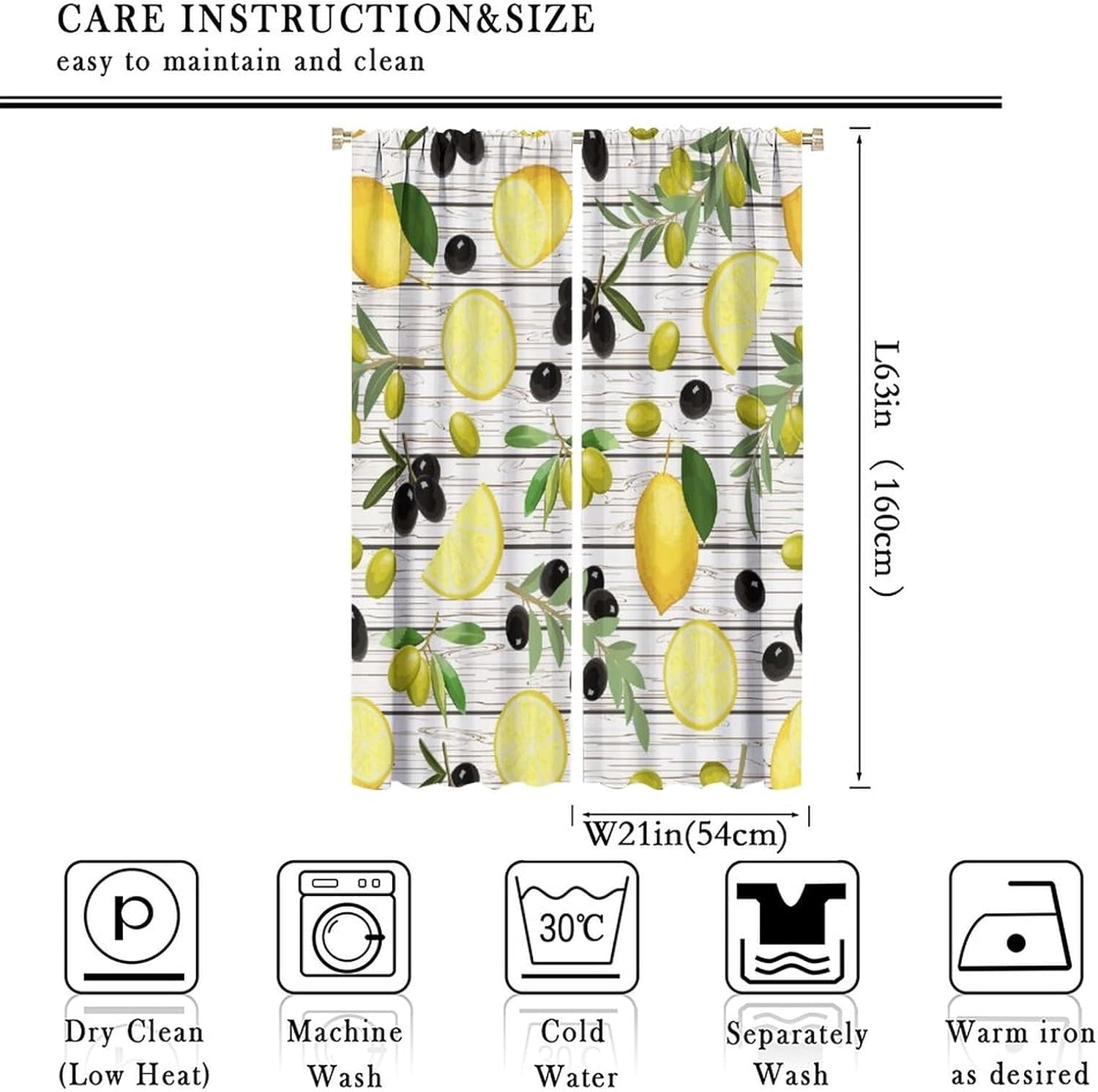 Lemon and Olive Shade Curtains, Yellow Lemon and Black Olive Branches On Wood Background, Bedroom Living Room Rod Pocket Design, 2 Sets of Panels, 42x63 Inches.