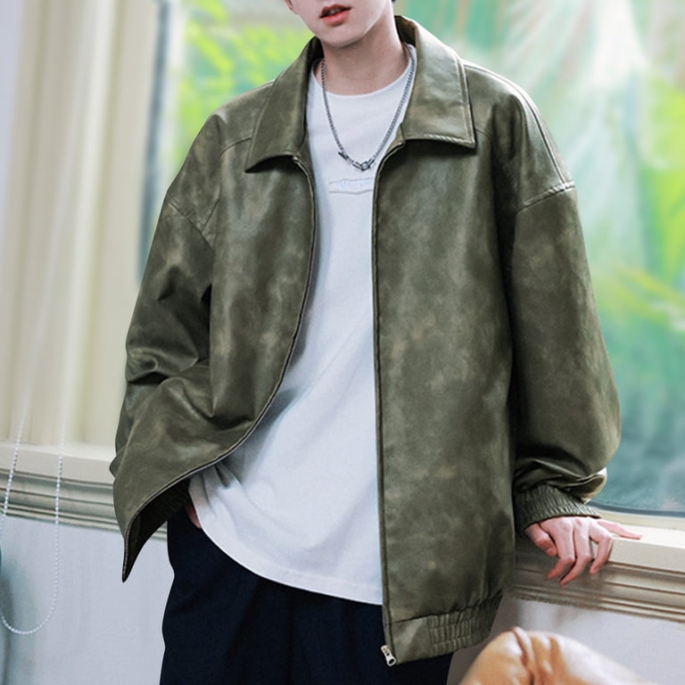 Maoxin Men Leather Jacket Fashion Men's Solid Color Long Sleeve