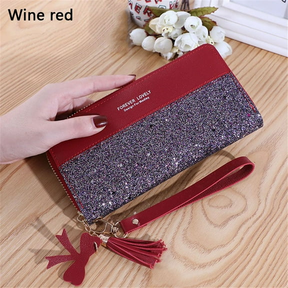 Fashion Glitter Clutch Tassel Card Holder Case Phone Bag Zipper Purse Long Wallet WINE RED