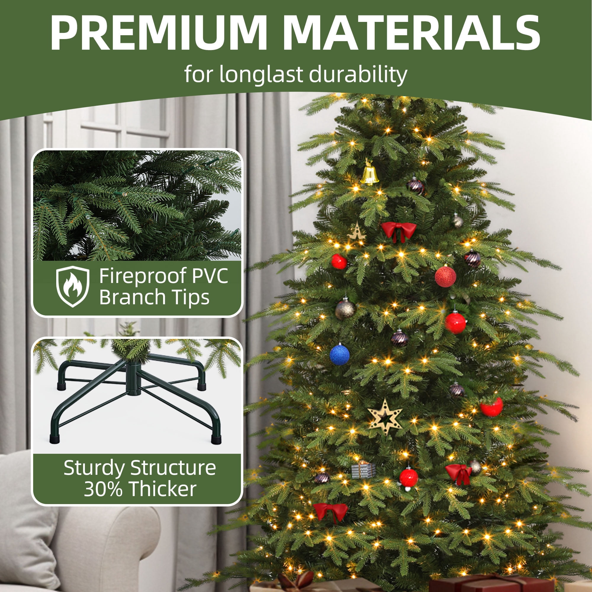 Uforic 7.5 ft Pre-lit Slim Pencil Artificial Christmas Tree with 2199 PE&PVC Tips & 400 Lights,11 Light Modes, Green