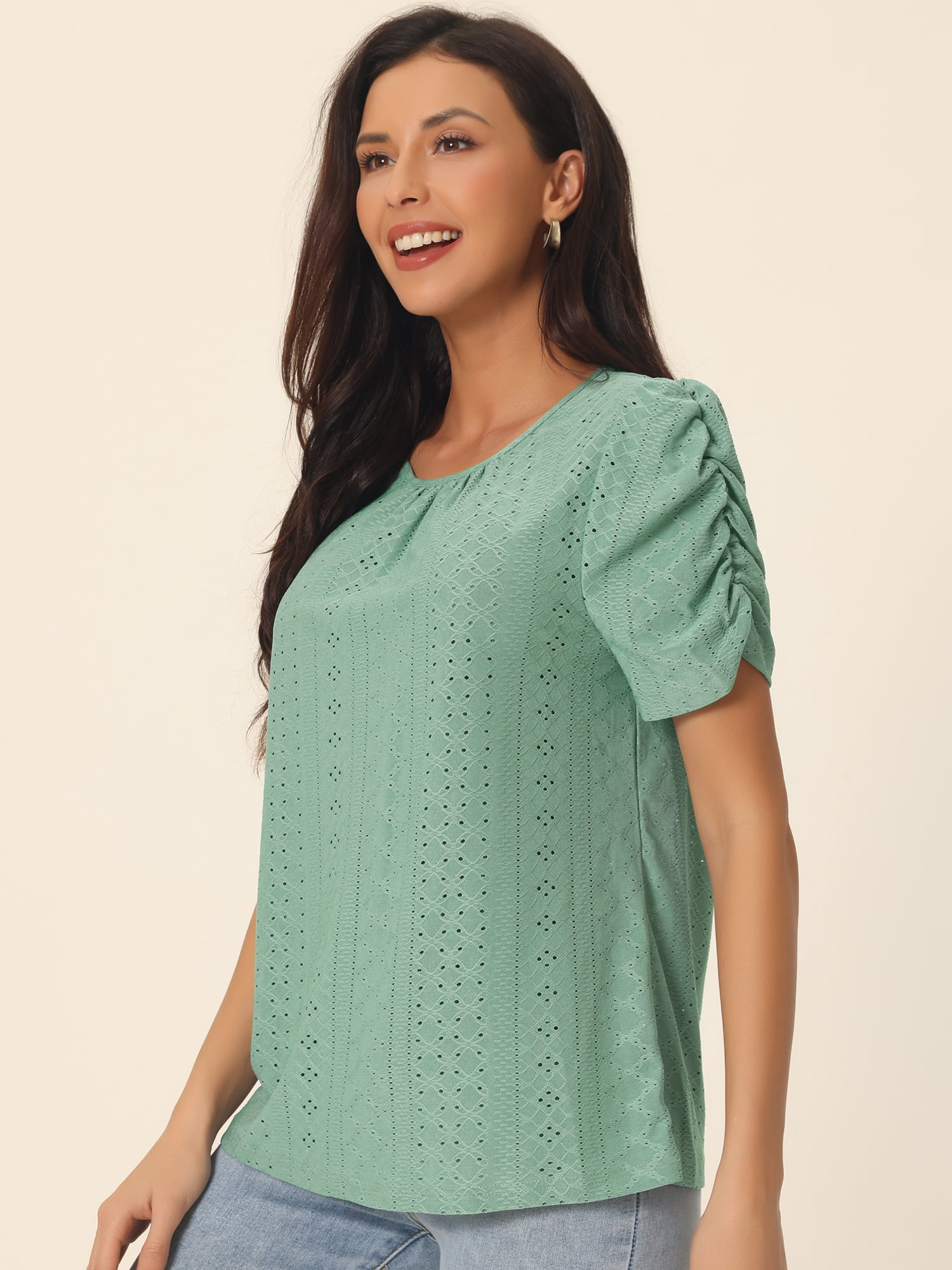 Unique Bargains Women's Ruched Short Sleeve Eyelet Dressy Crewneck Blouses T Shirts L Green