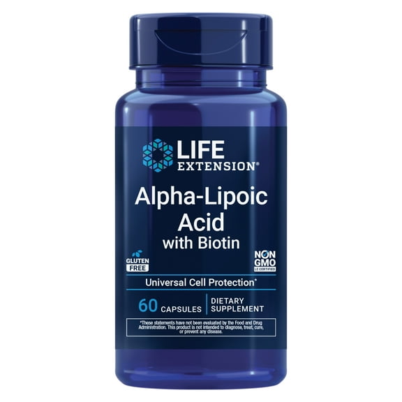 Life Extension Alpha-Lipoic Acid with Biotin, for cell protection, universal antioxidant for liver & nerve health, gluten-free, non-GMO, 60 capsules