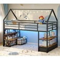 thumbnail image 3 of Twin Size Loft Bed with 5 Storage Drawers,LED Lights, Open Storage Shelves,Low Metal Loft Bed with Bookcase & 13.4" Guardrail,Under-Bed Space, House Shape,Black, 3 of 10
