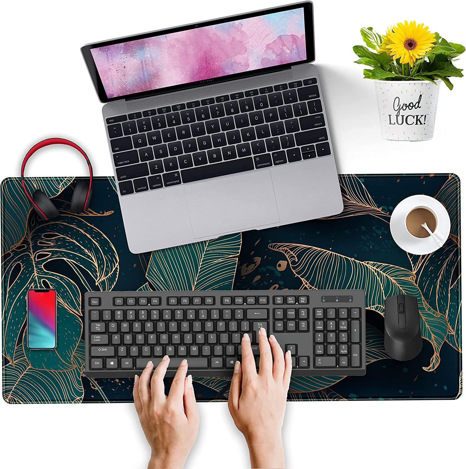 Desk Pad, Green Gold Palm Leaves Extended Gaming Mouse Pad Cute Large Desk Mat, Non-Slip Rubber Base Mousepad with Stitched Edges, Keyboard Mouse Mat Desk Pad for Game Office Home 31.5x15.75 in