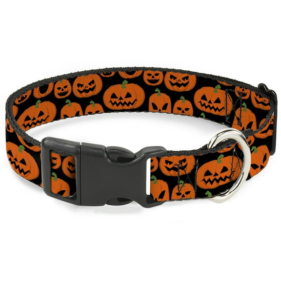 Buckle-Down Pet Collar, Dog Collar Plastic Buckle, Jack O Lantern Pumpkin Expressions Black Orange, 7 to 8.5 Inches 0.5 Inch Wide