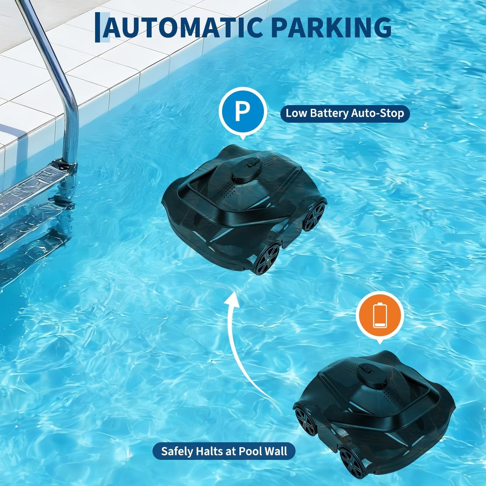 EuKer Pool Cleaner Robot, Automatic Pool Vacuum Robot with Smart Self-Parking and Auto-Drainage for Above-Ground/In-Ground Pools, Black