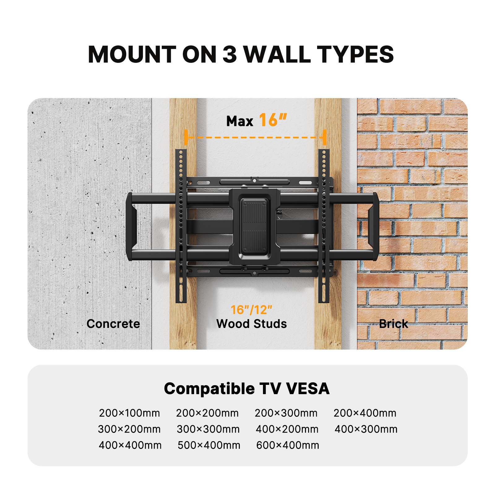 Full Motion TV Wall Mount for 40-82 inch TVs with Swivel, Tilting & Extension Max 600x400, up to 100 lbs - image 3 of 7