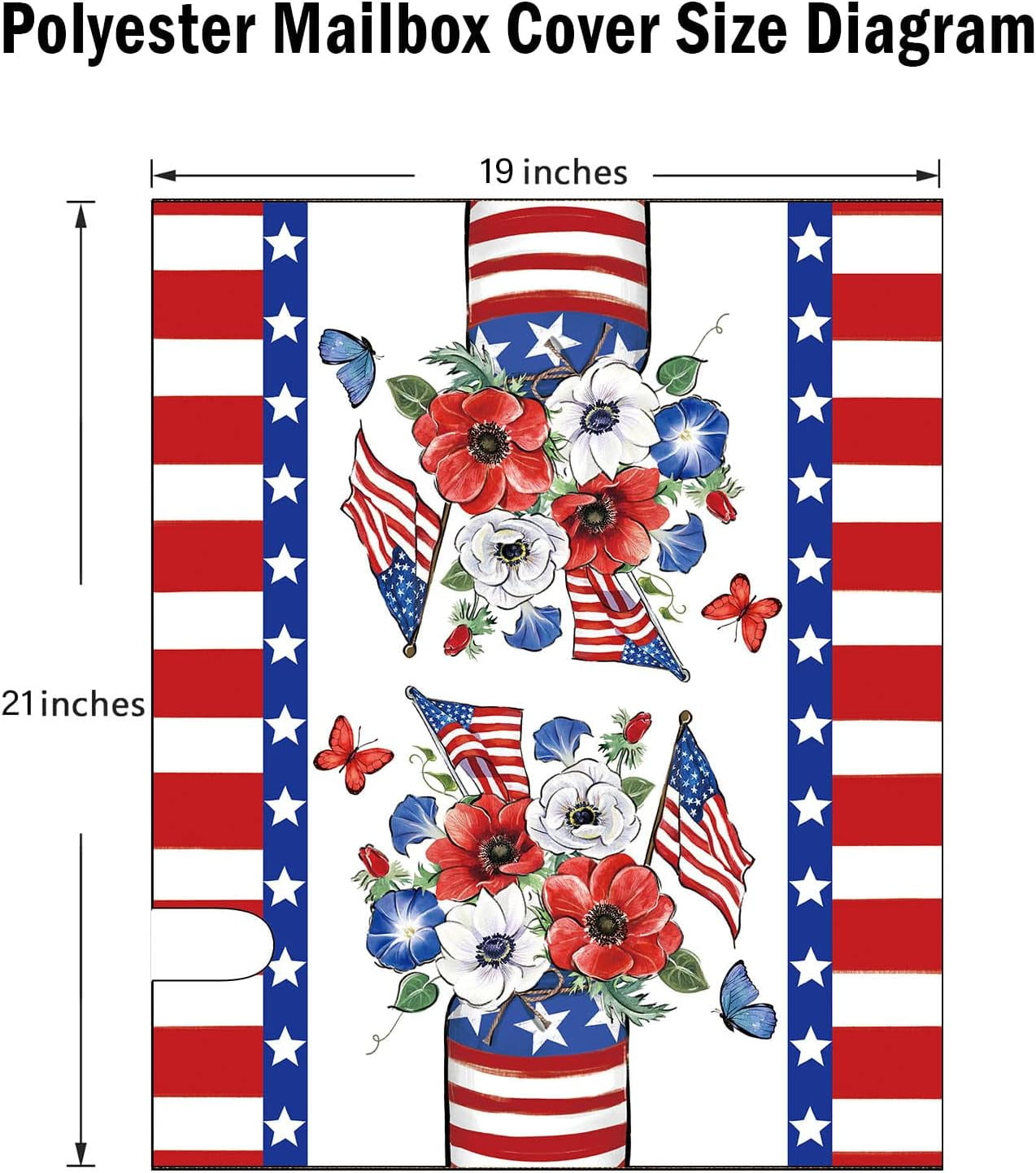 4th of July Patriotic Anemone Flower Mailbox Cover Magnetic Standard Size 21" x 19", America USA Red White Blue Floral Post Letter Box Wrap Decor American Flag Garden Yard Outdoor Decoration