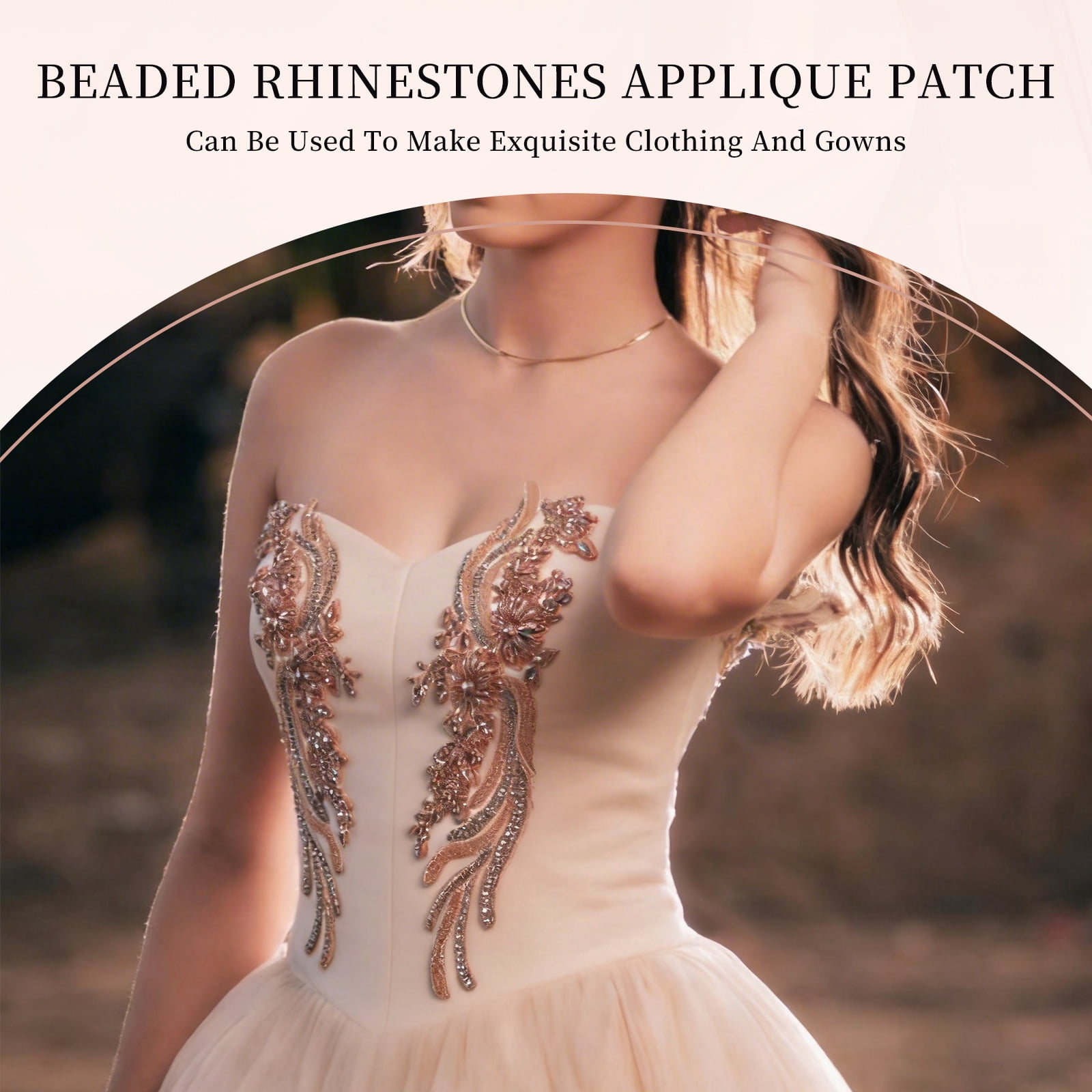Uxcell 1 Pair Handmade Rhinestone Applique Patch, 14" x 5" Beaded Embroidery Sequin Patches for Sew on Wedding Dress Cloth DIY Crafts Decoration, Gold