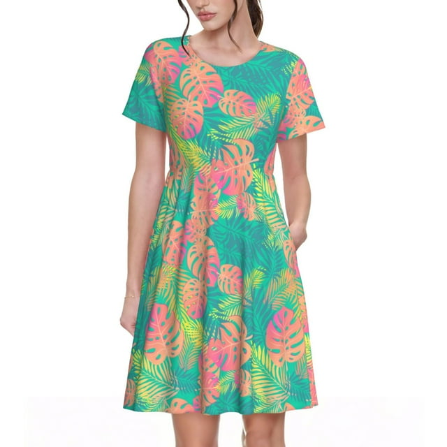 Daiia Robes pour Femmes Imprimé Feuilles de Palmier Colorées 2025 Robes Tendance à Manches Courtes Robes Maxi Décontractées Amples et Fluides