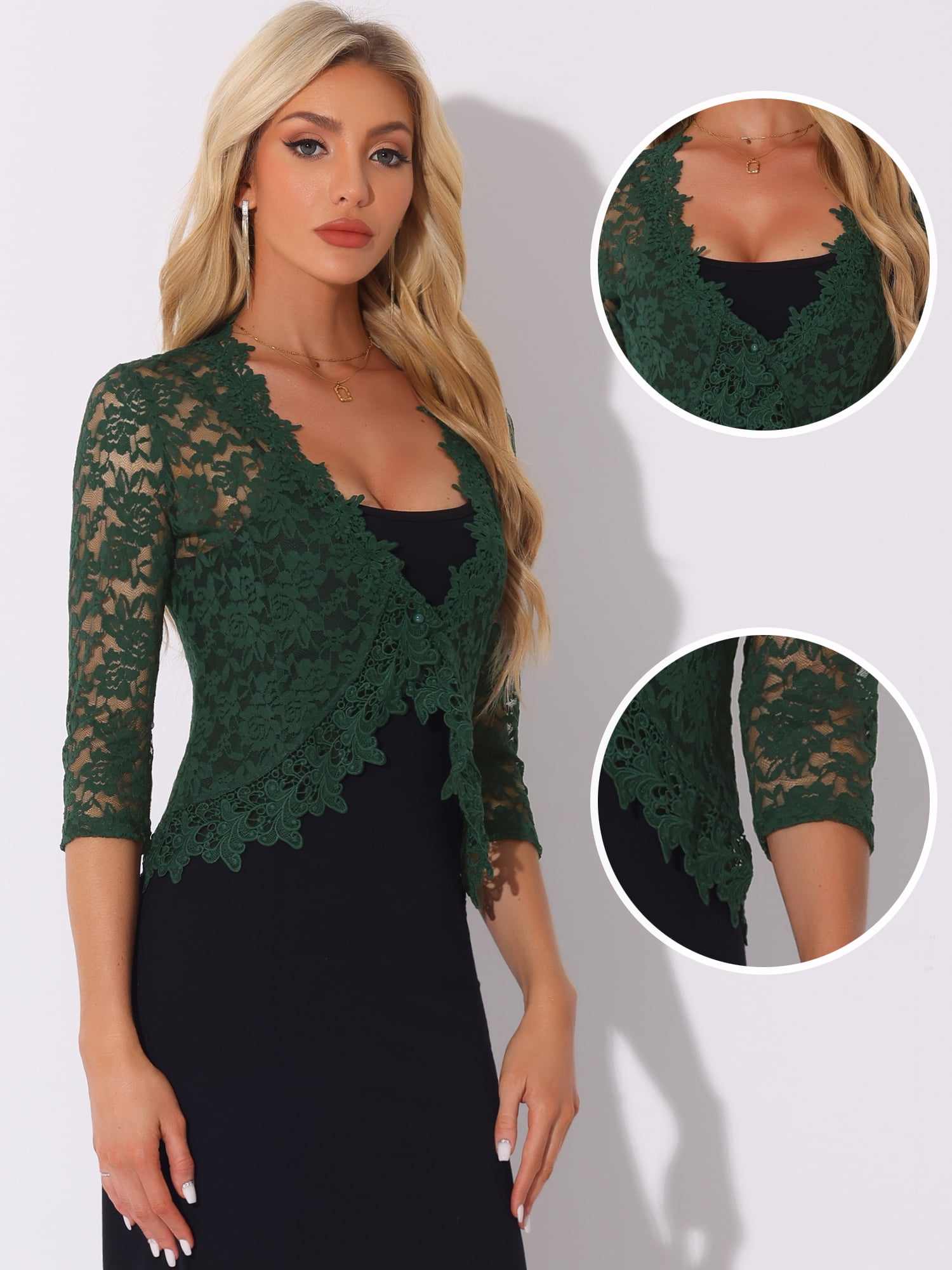 DARING DIVA Women's Floral Lace Shrugs Evening 3/4 Sleeves Formal Bolero Cardigan M Dark Green