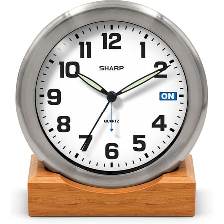Silent Sweep Non-Ticking Analog Alarm Clock, Brushed Metal Desk or Wall Clock with Genuine Wood Stand, Alarm On Indicator, Luminous Hands, Battery Operated