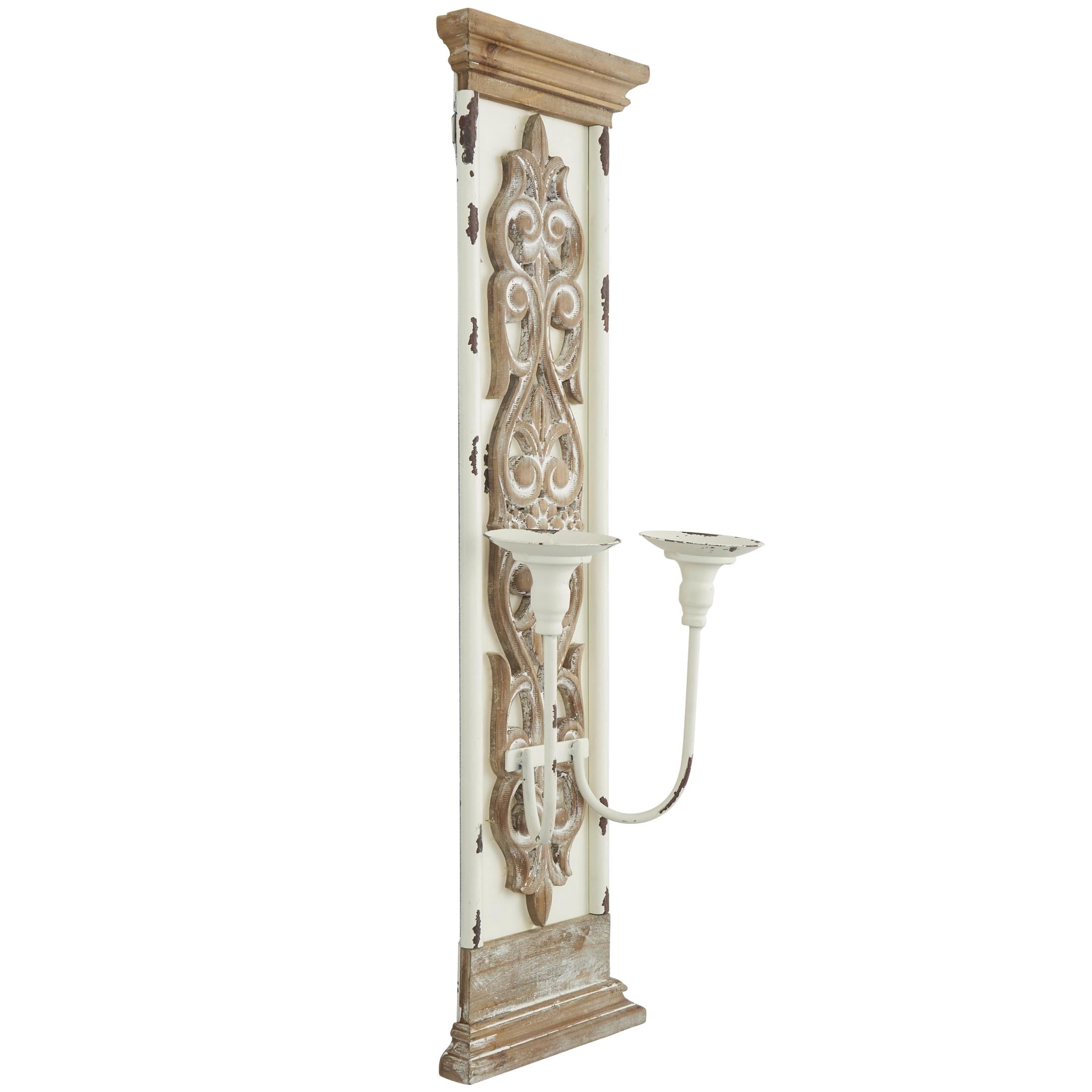 DecMode 2 Holder Brown Wood Scroll Pillar Wall Sconce