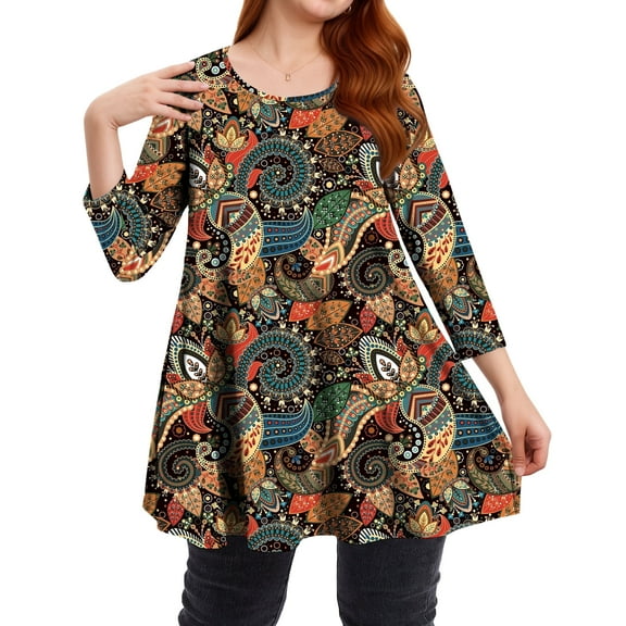 Sprinmer Womens Plus Size Blouses Casual 3/4 Sleeve Loose Fit Paisley Shirts for Leggings