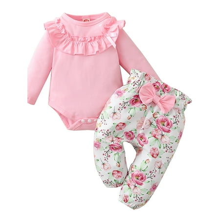 

elfinBE Newborn Baby Girl Ruffle Long Sleeve Top And Floral Printed Pants 2PCs Set Outfits 0-12M