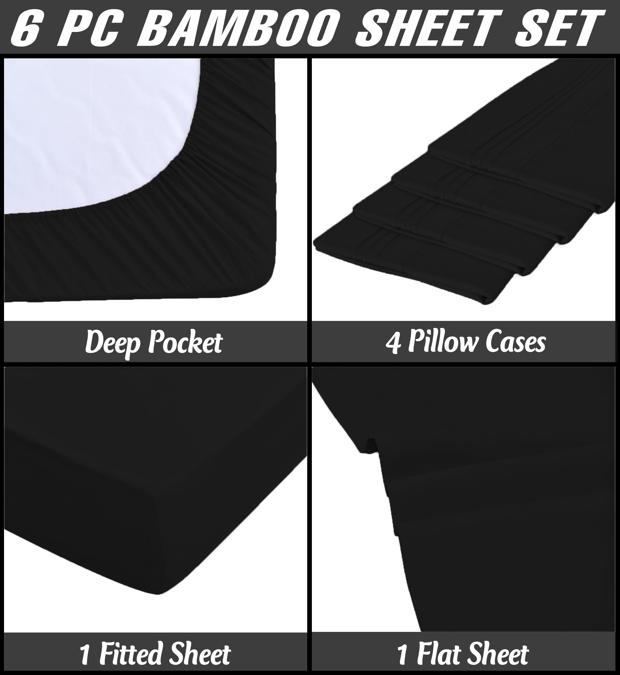 7 Piece Luxury Rayon Made From Bamboo Sheets Set- Split King Black Sheets, Softer Than Cotton-Up To 16" Deep Pockets-Wrinkle Free-Extremely Soft Bamboo Derived Rayon Sheets- Split King, Black
